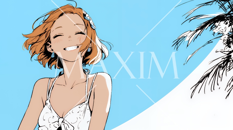 一人旅の若い女性と夏のビーチの風景（シンプルな色使い）