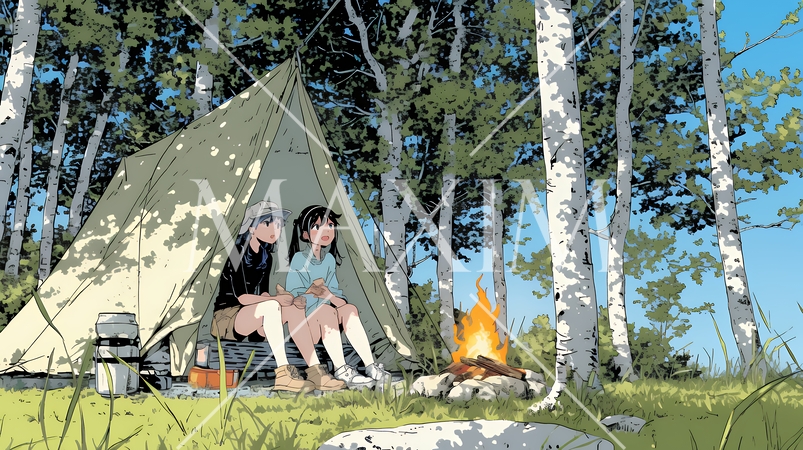 女友達と一緒にテントキャンプを楽しむ若い女性