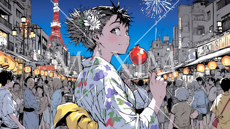 縁日屋台が立ち並び、賑わいを見せる祭りの夜