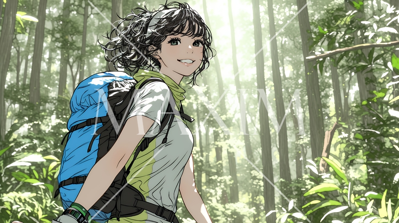 初夏の森でトレッキングを楽しむ若い女性｜新緑とアウトドアの爽やかなライフスタイル