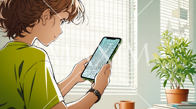 画面が激しく割れているスマートフォンを手にしているいる若い女性