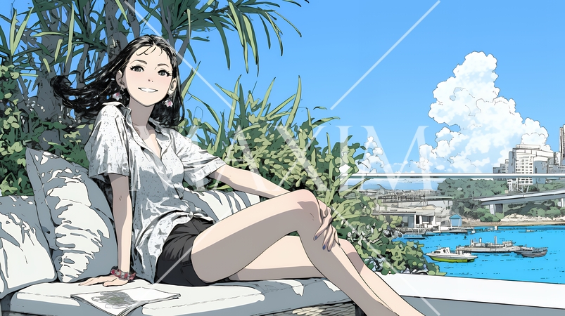 沖縄の海辺のリゾートホテルでリゾッチャしている若い女性