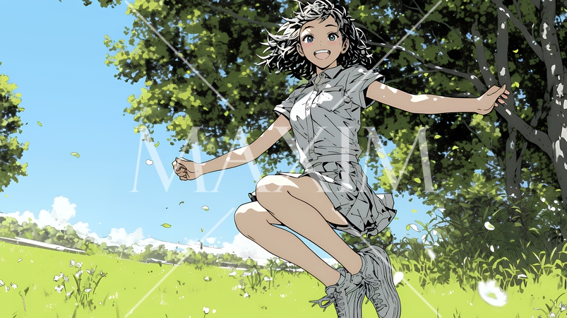 喜びにあふれ、軽やかにスキップする若い女性