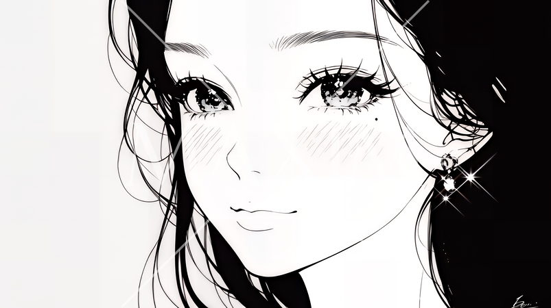 輝く瞳で見つめる好奇心旺盛な若い女性（シンプルな色使い）