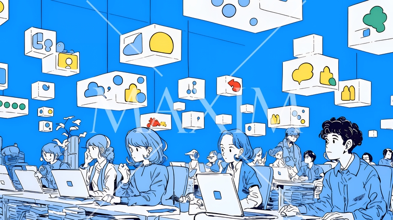 ITビジネスとクラウド技術のコンセプト｜ノートPCで働くチームとデータネットワークのイメージ