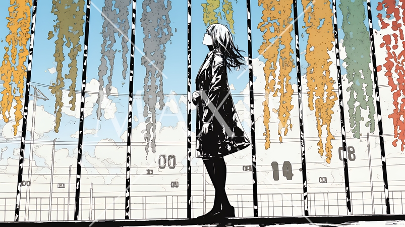 デジタルデータと日本人ビジネスウーマン｜AI・IT時代のテクノロジーイメージ（バイナリーコード）