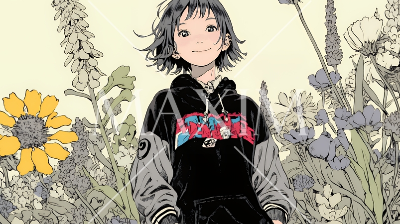 満開の春の花々と若い女性