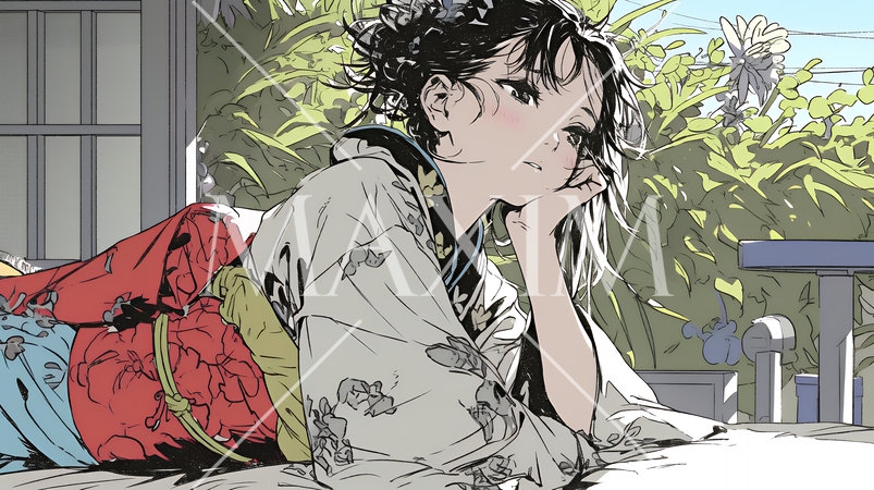 和服姿で寝そべる若い女性