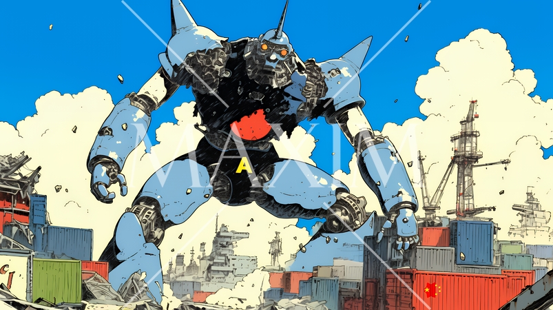 巨大関税ロボットが自由貿易港のコンテナ基地を破壊して、輸出入を妨害している