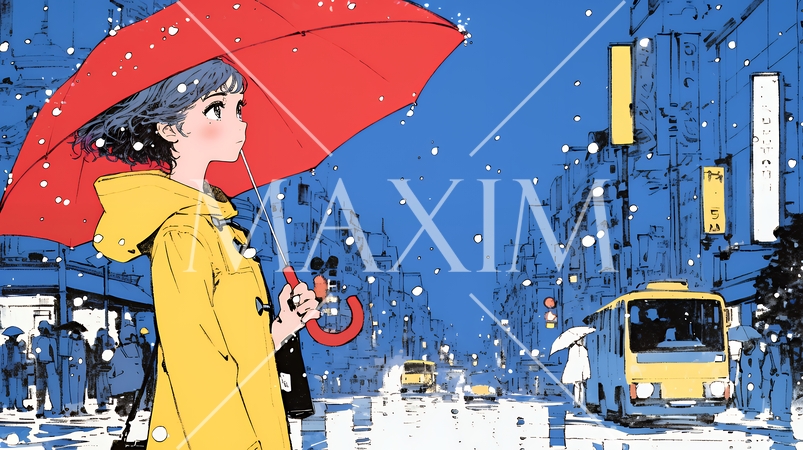 雨の日に傘をさして歩く若い女性