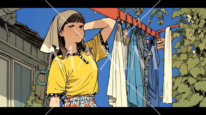 洗濯物を干している若い女性