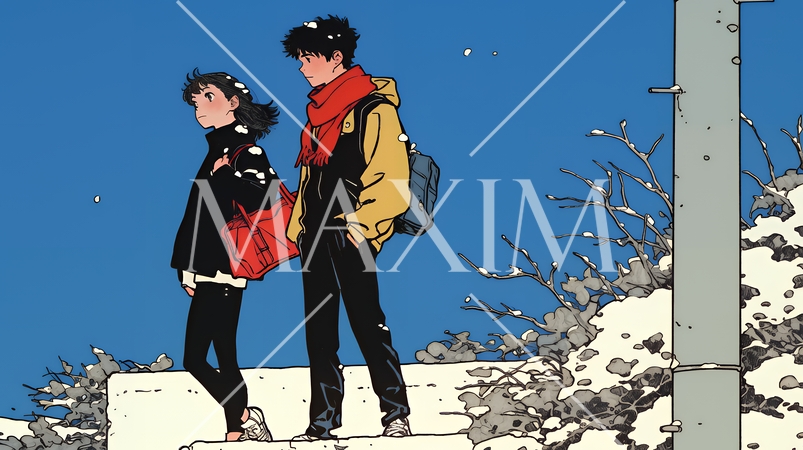 冬枯れ街をデートしている若い恋人たち