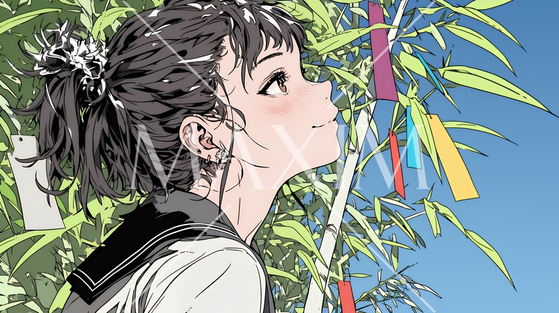 七夕飾りと制服を着た女子高生