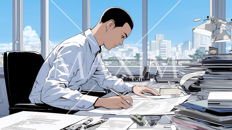 オフィスのデスクで、入念に書類をチェックする男性