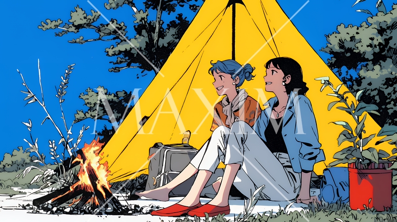 女友達と一緒にテントキャンプを楽しむ若い女性