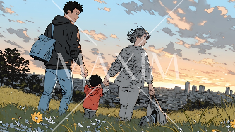 仲の良い家族：父親、母親、その子どもが仲良く連れ立って歩いている