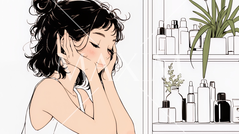 スキンケアを念入りに行う若い女性（シンプルな色使い）