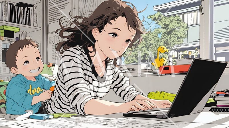 自宅でのリモートワークの場面：子どもが気になって集中できない