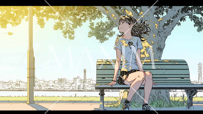 公園のベンチでひとり静かにくつろぐ若い女性