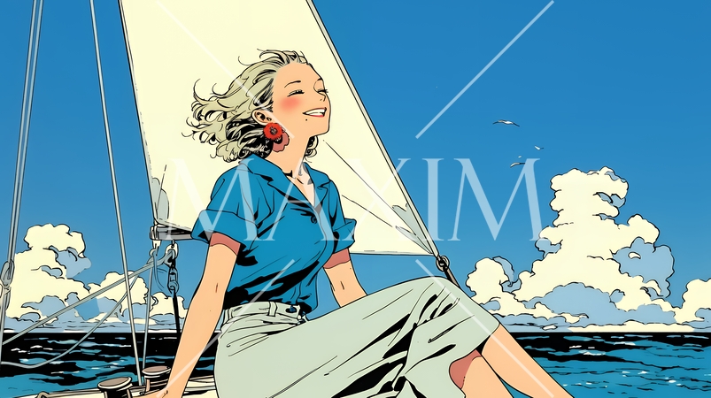 ヨットに乗っている若い女性