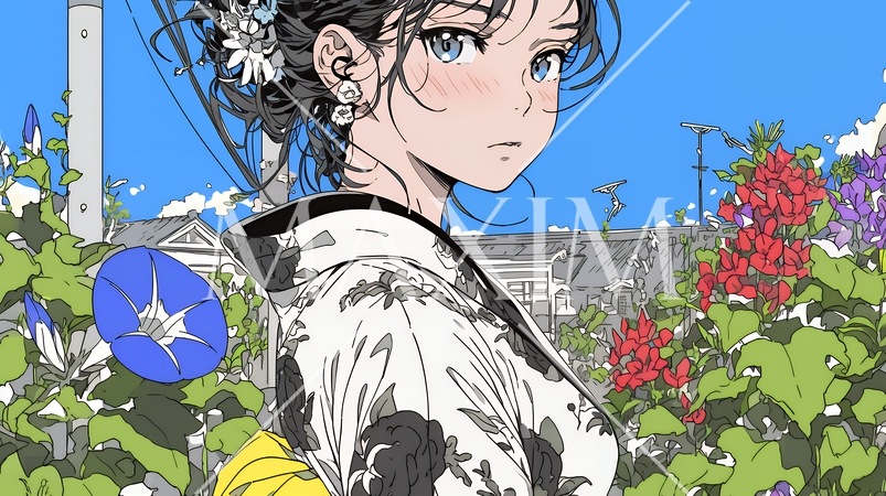 アサガオと浴衣姿の若い女性
