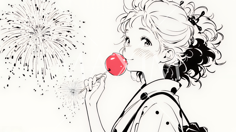 打ち上げ花火を見ている浴衣を着た若い女性（シンプルな色使い）