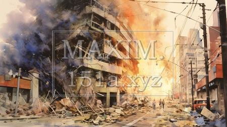 都市を直撃する地震：都市直下型地震の水彩画（イラストID:2290615-18396）