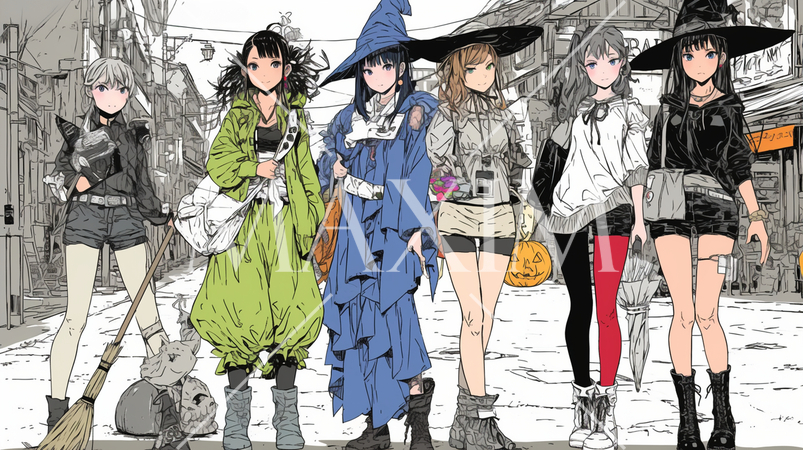 仲間とハロウィンイベントに参加する若い女性たち