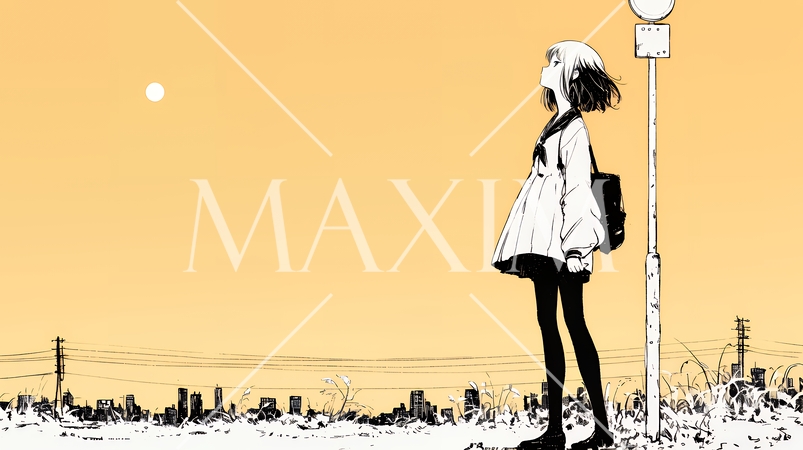 若い女性が佇む都市の街角（シンプルな色使い）