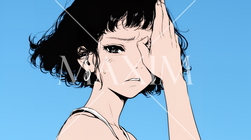 額に手を当てて「困ったな」ポーズをしている若い女性（シンプルな色使い）