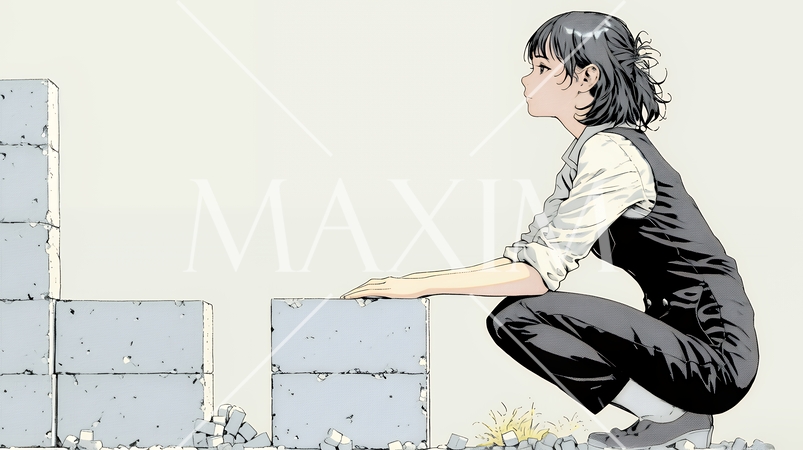 コンクリートブロックを積み上げているビジネスウーマン：計画の段階的積み重ねの比喩