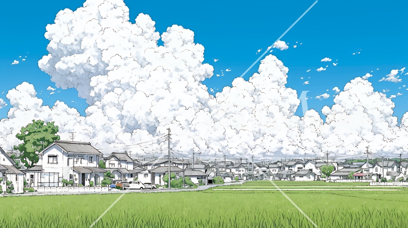 郊外の田園風景と夏空と入道雲