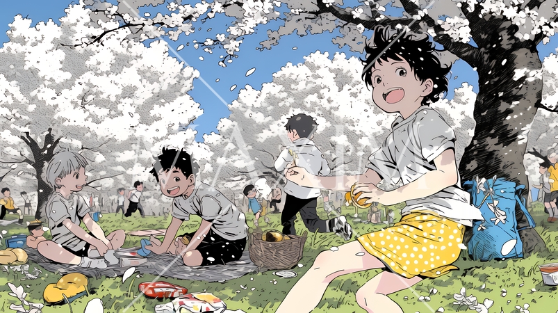 満開の桜の木の下で遊ぶ子供たち