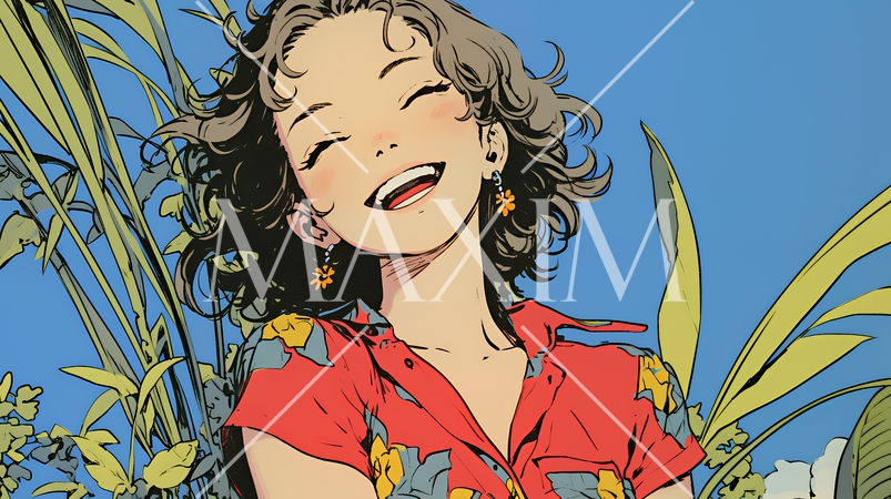 沖縄のかりゆしファッションを着て笑顔いっぱいの若い女性