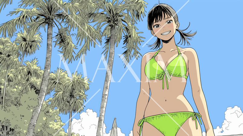 南国の海岸にビキニ姿でいる若い女性