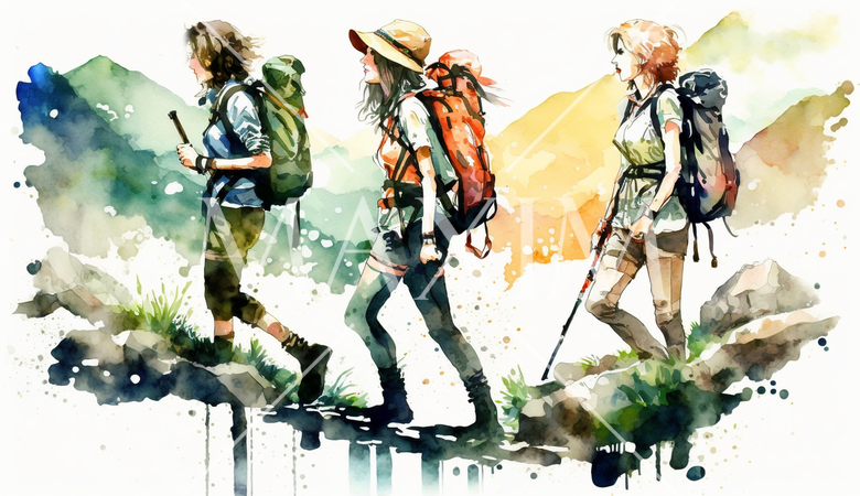 山にハイキングに来ている仲の良い若い女友達：水彩画