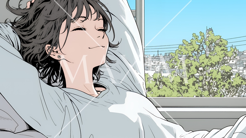 のんびり・ゆったり：朝日を浴びベッドで寛いでいる若い女性