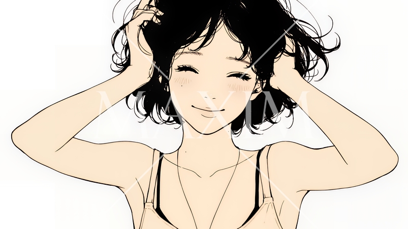 気恥ずかしそうに頭をかき、ごまかすような仕草を見せる若い女性（シンプルな色使い）