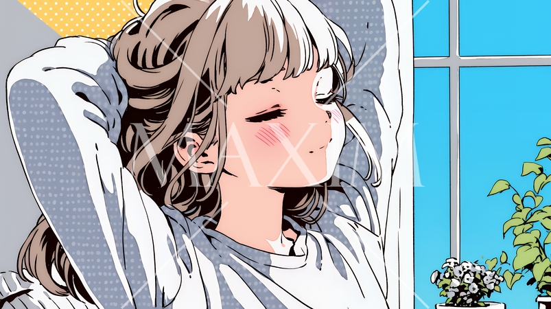 朝の目覚ましを止めて伸びをしている若い女性