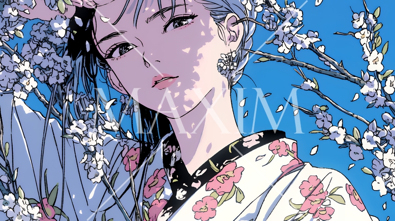 梅花と和服姿の若い女性