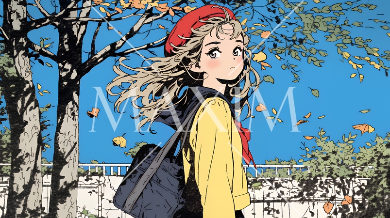 紅葉の小径を歩く少女