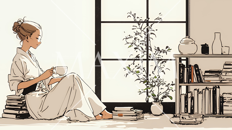 リビングで紅茶を飲んでいる女性（シンプルな色使い）