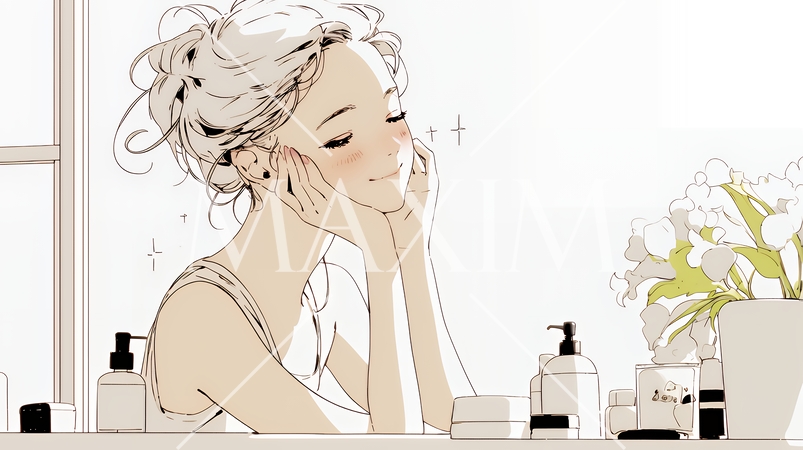 洗面所で朝の洗顔をする女性（シンプルな色使い）
