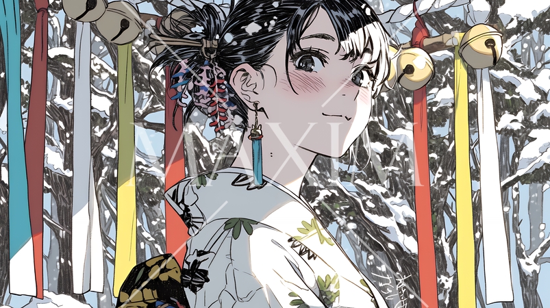 和服を着て初詣をしている若い女性