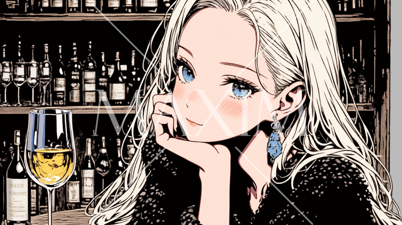 ワインを飲んでいる女性：カクテルバーで白ワイン