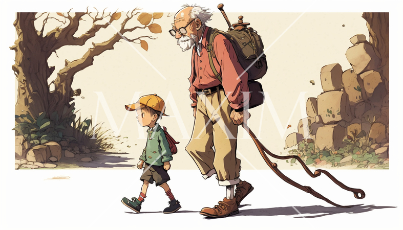 老いては子に従え：孫と散歩に出たおじいさんが、一生懸命歩く孫の後をついていく。