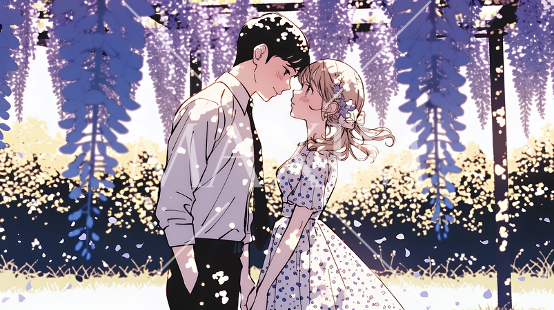 満開の藤の木の下でデートをしている若いカップル