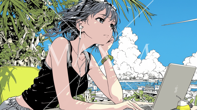 トロピカルリゾートに来ているのにPCを手放せない若い女性