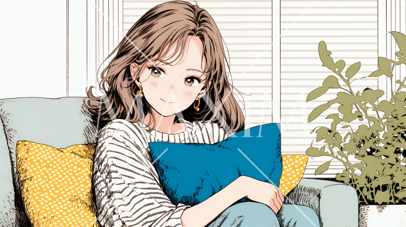 ソファでクッションを抱えてくつろぐ若い女性