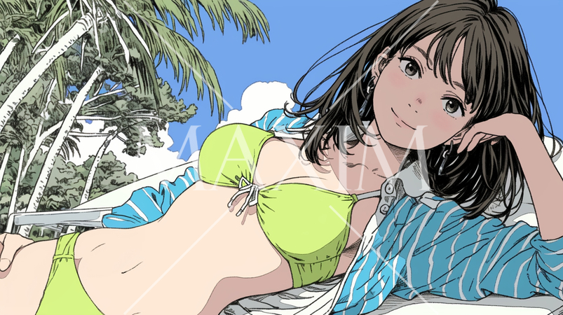 南国の海岸にビキニ姿でいる若い女性